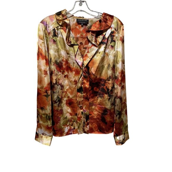 Jones New York Orange Yellow Golden Long Sleeve V Neck Blouse with Ruffles - Picture 1 of 4